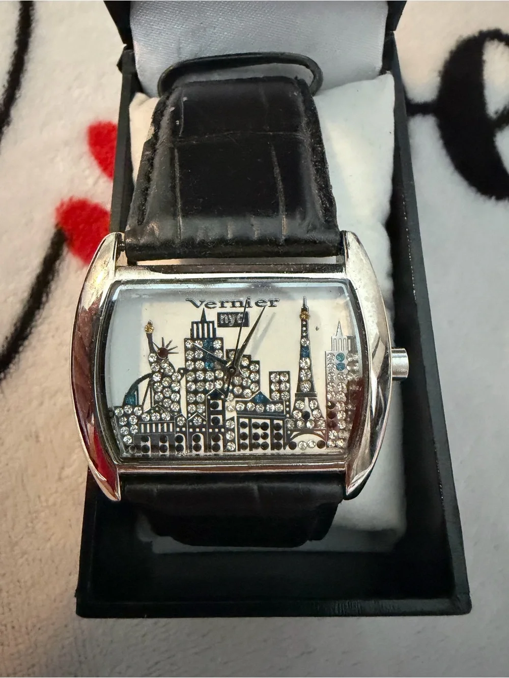 Vernier Men's Black Leather Watch with NYC skyline very unique